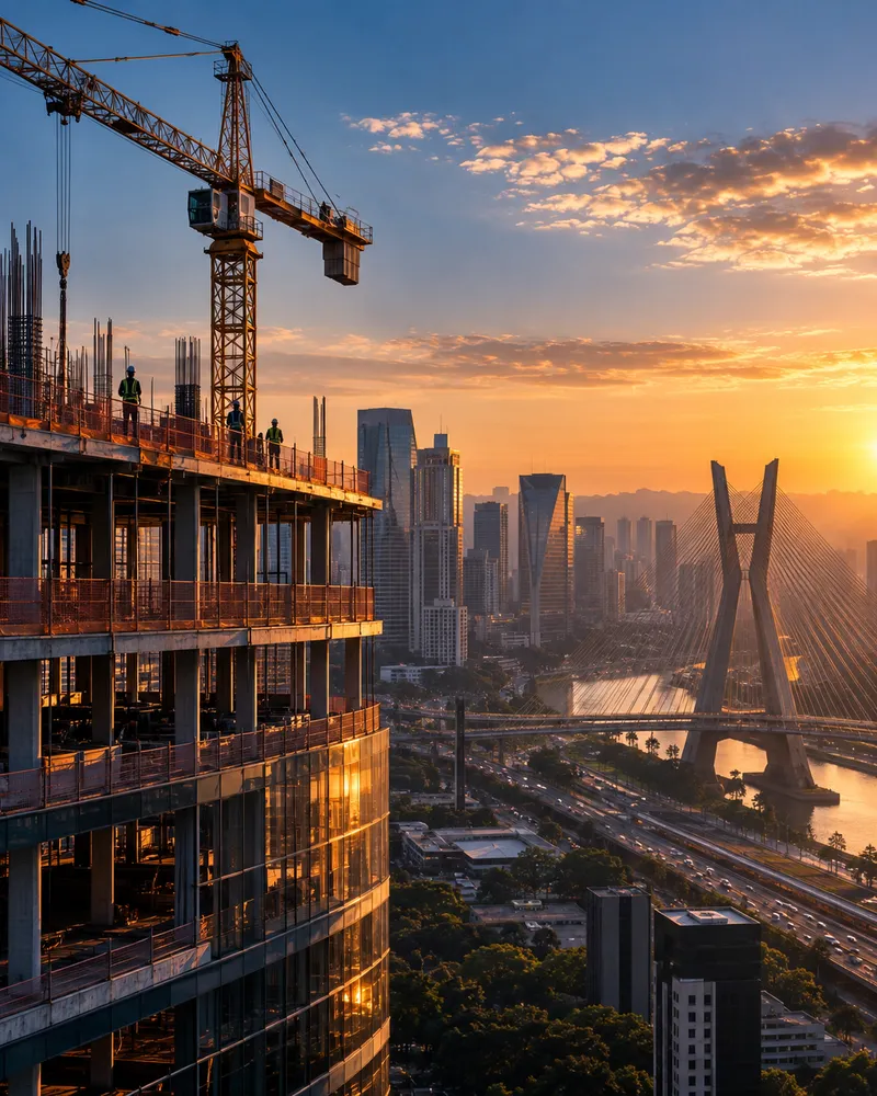 Construção civil e a cidade de São Paulo ao pôr do sol